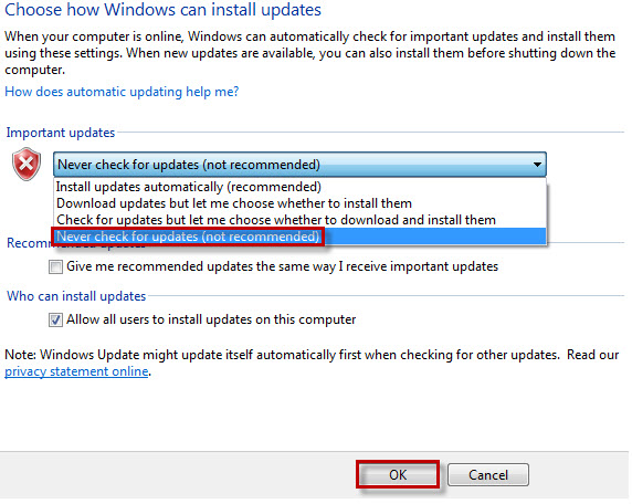 tắt chức năng Update trên Windows 7